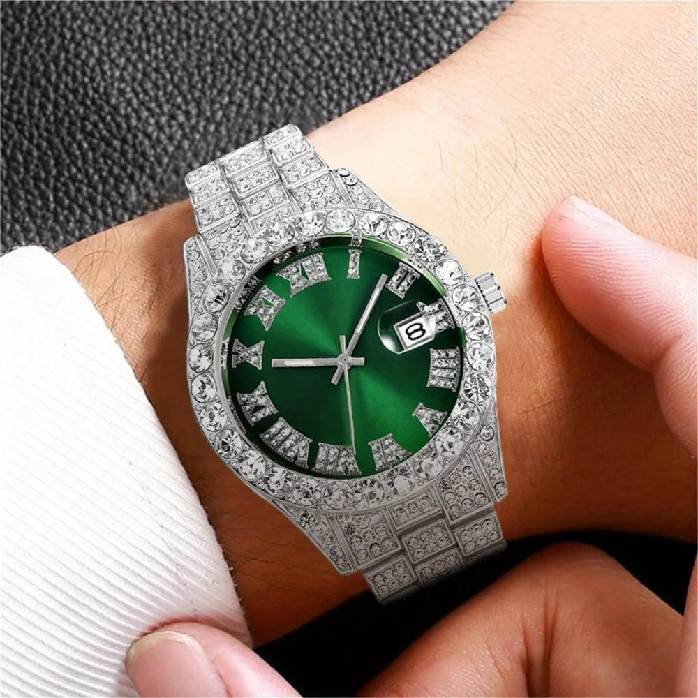 Montre Hip Hop pour hommes, montre à Quartz rétro d'inspiration vintage avec cadran en strass surdimensionné et bracelet en acier inoxydable durable pour hommes
