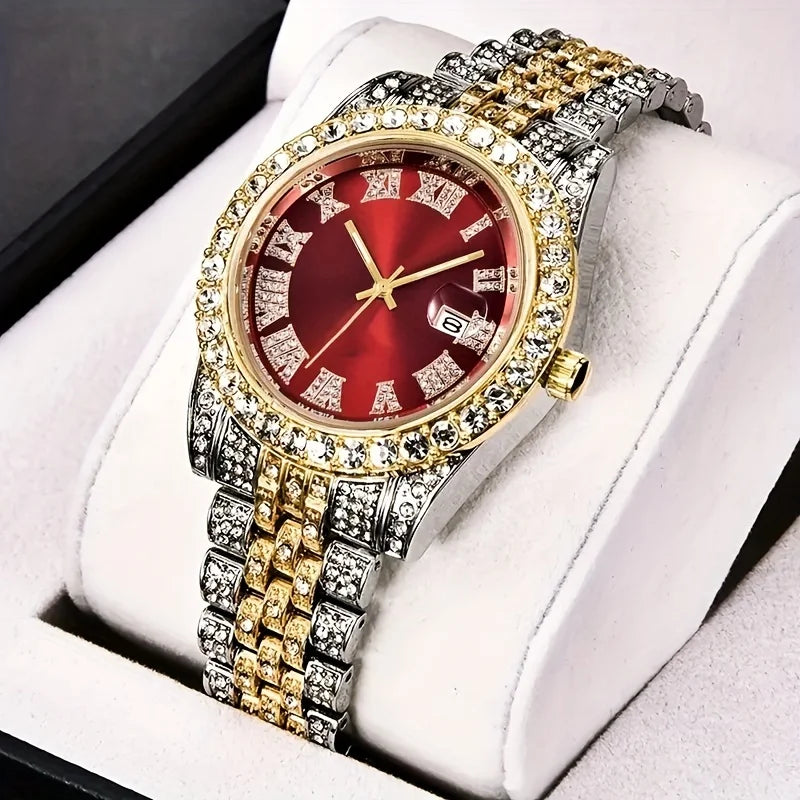 Montre Hip Hop pour hommes, montre à Quartz rétro d'inspiration vintage avec cadran en strass surdimensionné et bracelet en acier inoxydable durable pour hommes
