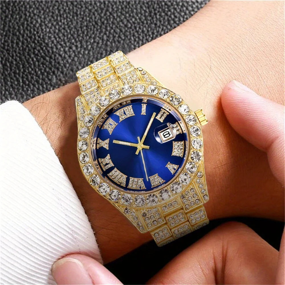 Montre Hip Hop pour hommes, montre à Quartz rétro d'inspiration vintage avec cadran en strass surdimensionné et bracelet en acier inoxydable durable pour hommes