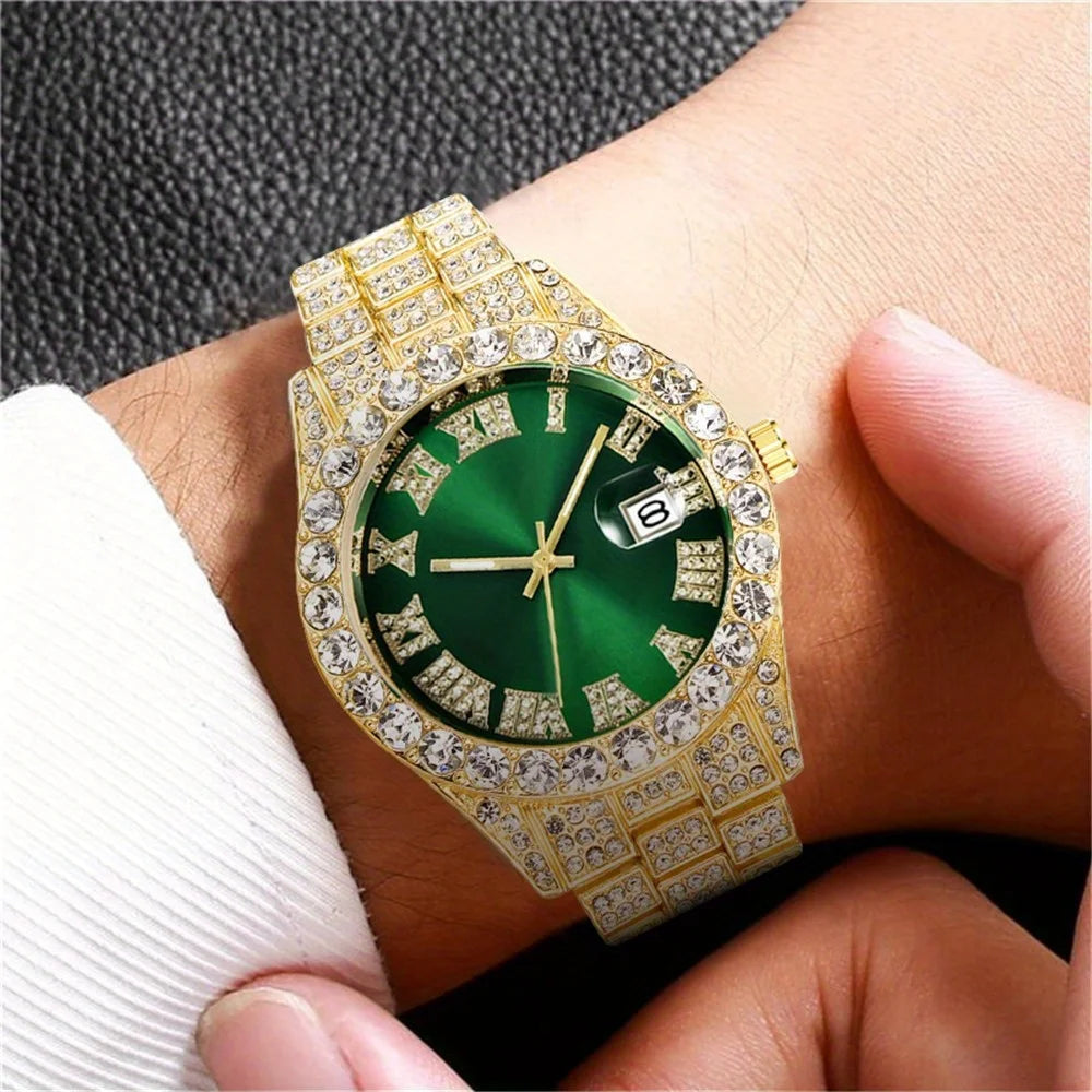 Montre Hip Hop pour hommes, montre à Quartz rétro d'inspiration vintage avec cadran en strass surdimensionné et bracelet en acier inoxydable durable pour hommes