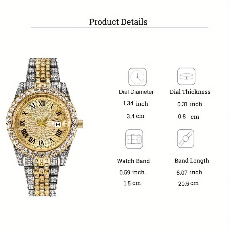 Montre Hip Hop pour hommes, montre à Quartz rétro d'inspiration vintage avec cadran en strass surdimensionné et bracelet en acier inoxydable durable pour hommes