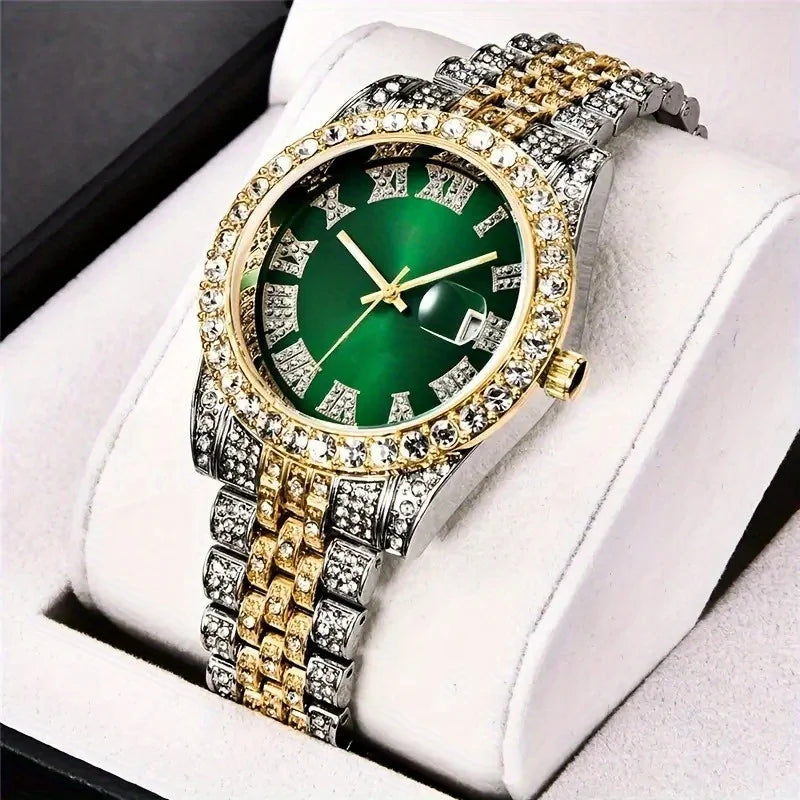 Montre Hip Hop pour hommes, montre à Quartz rétro d'inspiration vintage avec cadran en strass surdimensionné et bracelet en acier inoxydable durable pour hommes