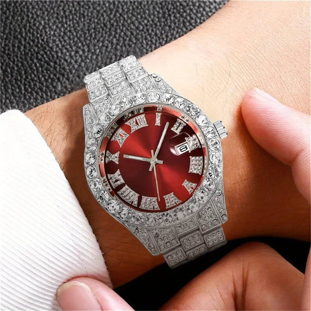 Montre Hip Hop pour hommes, montre à Quartz rétro d'inspiration vintage avec cadran en strass surdimensionné et bracelet en acier inoxydable durable pour hommes