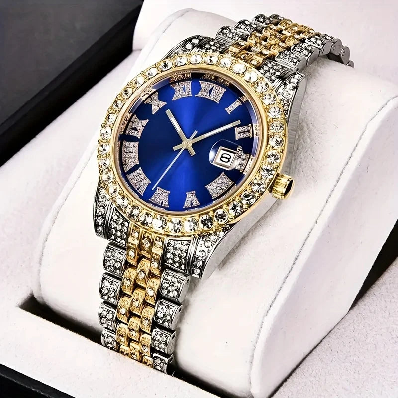 Montre Hip Hop pour hommes, montre à Quartz rétro d'inspiration vintage avec cadran en strass surdimensionné et bracelet en acier inoxydable durable pour hommes