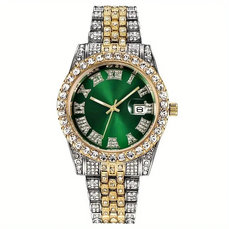 Montre Hip Hop pour hommes, montre à Quartz rétro d'inspiration vintage avec cadran en strass surdimensionné et bracelet en acier inoxydable durable pour hommes