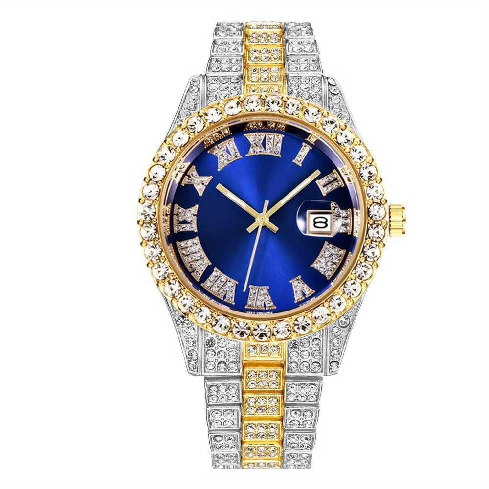 Montre Hip Hop pour hommes, montre à Quartz rétro d'inspiration vintage avec cadran en strass surdimensionné et bracelet en acier inoxydable durable pour hommes