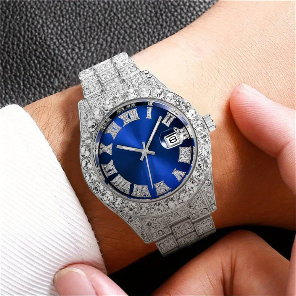 Montre Hip Hop pour hommes, montre à Quartz rétro d'inspiration vintage avec cadran en strass surdimensionné et bracelet en acier inoxydable durable pour hommes