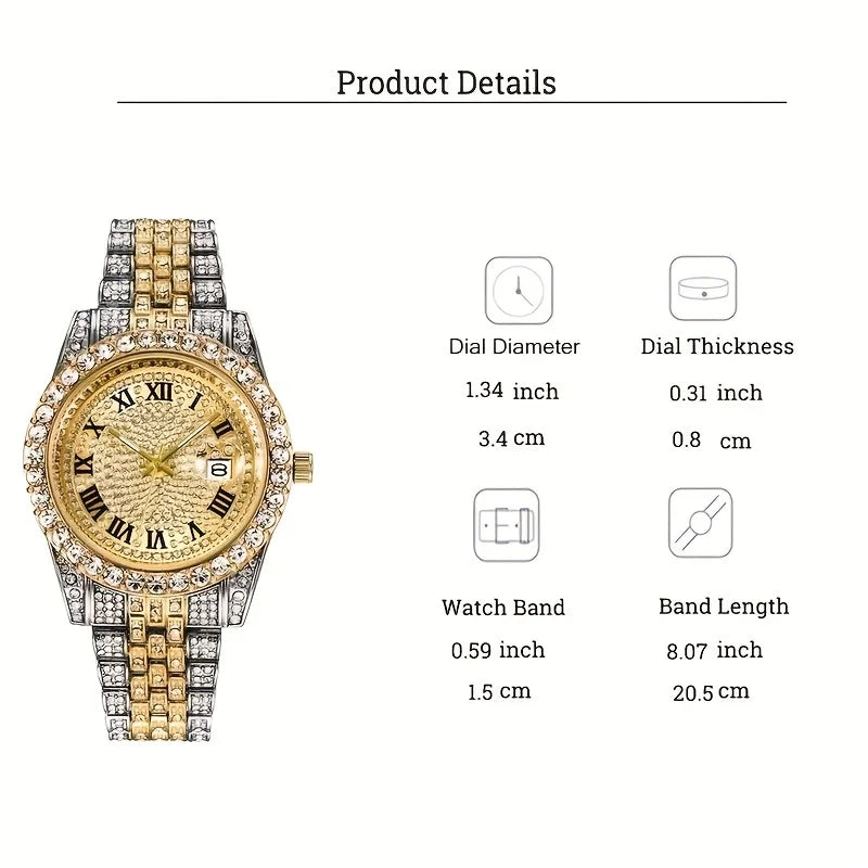 Montre Hip Hop pour hommes, montre à Quartz rétro d'inspiration vintage avec cadran en strass surdimensionné et bracelet en acier inoxydable durable pour hommes