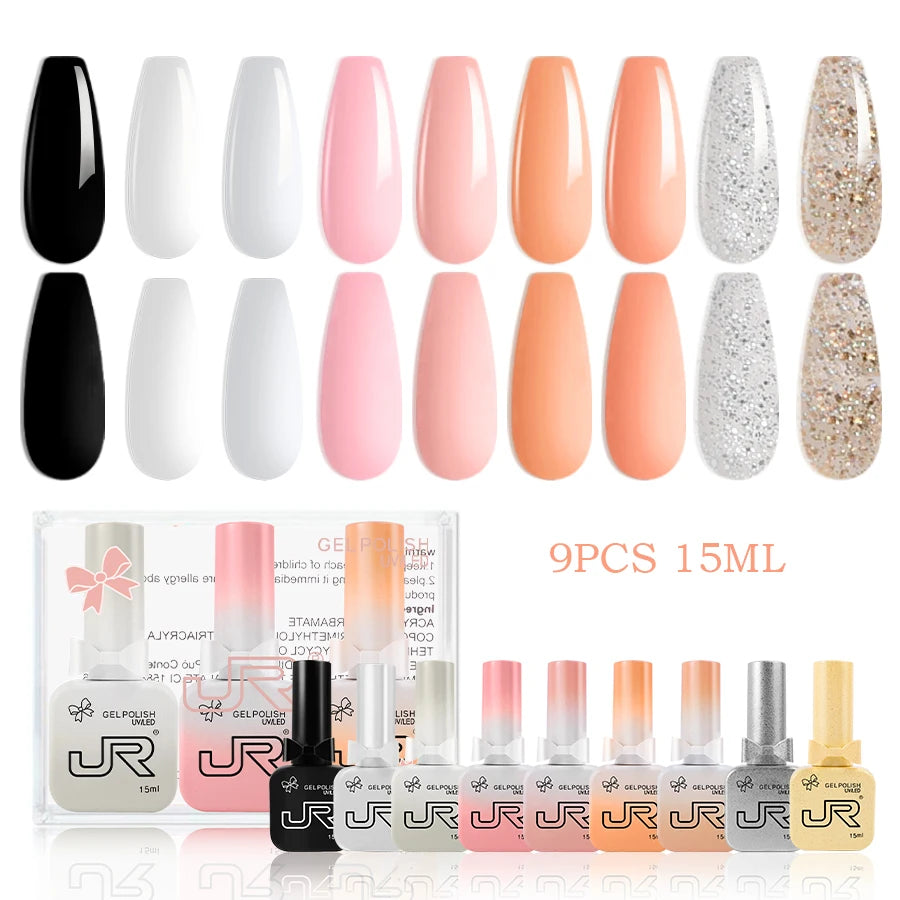JR-Ensemble de Verhéritage à Ongles Gel UV LED, Rouge, Rose, Nude, à Tremper, à Faire Soi-Même, pour la Maison, Couche de Base, Cadeaux, 15ml, 9 Pièces